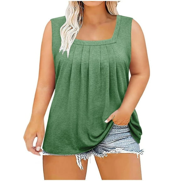 Patlollav Plus Size Tank Tops For Women Sleeveless Square Neck Tunic Tops Lightweight Solid Pleated Blouse