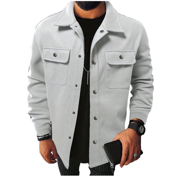 aohooy Men's Button Down Wool Shirt Jacket Flannel Shackets Casual Work Long Sleeve Shacket Overshirts with Flap Pockets 2025 Gray,L