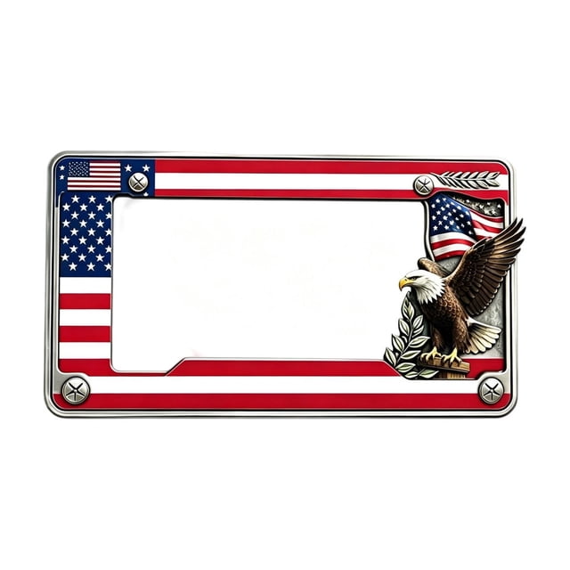Metal Patriotic License Plate Frame with USA Flag and Statue Design, Standard Size for Cars, Trucks, SUVs, RVs, Rust-Resistant with Pre-Drilled Mounting Holes