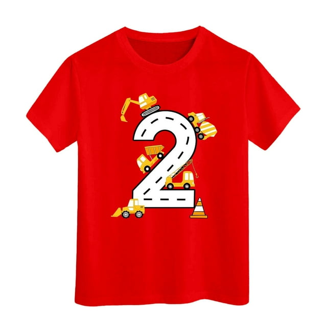 Hiiyo Big Boy's T-Shirt Excavator Letter Print Short Sleeve T Shirt, Red
