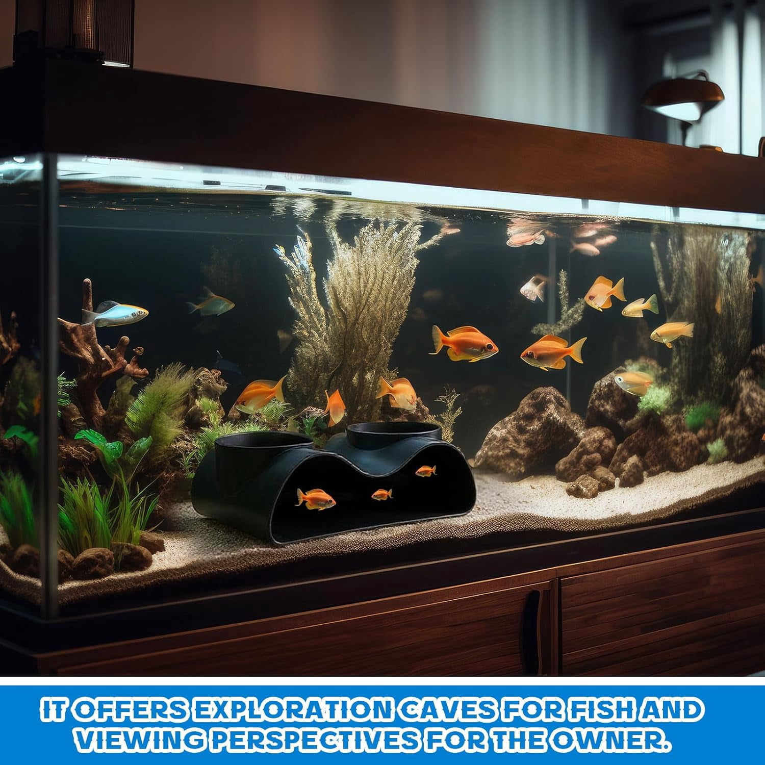 Aquarium Underground Tunnel Cave with Natural Curve Two Hole Hideout Decor for Loaches, Corydora Catfish, Bettas, Pleco and Shrimps (Black)