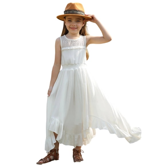 LIIPEE Girls Sleeveless Long Dress Kids Summer Solid Color Lace Ruffle Flowy A Line Party Gown Dresses With Asymmetrical Hem,9-10 Years