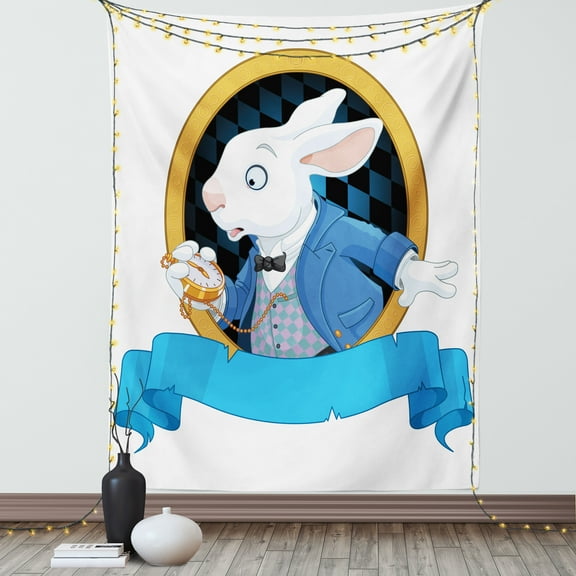 Alice in Wonderland Tapestry, Rabbit Pocket Watch Design Amazing Alice Fantasy World, Wall Hanging for Bedroom Living Room Dorm Decor, 60W X 80L Inches, Blue White Earth Yellow, by Ambesonne