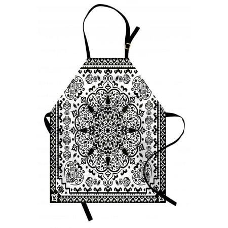 Ethnic Apron Ethnic Mandala Floral Lace Paisley Mehndi Design Tribal Lace Image Art Print, Unisex Kitchen Bib Apron with Adjustable Neck for Cooking Baking Gardening, Black and White, by