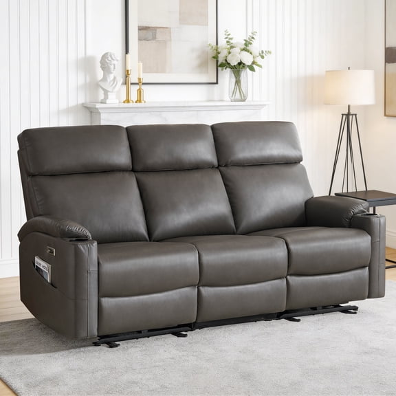 LVUYOYO 3-Seat Power Reclining Leather Sofa, Electric Recliner Couch with USB Ports & Cup Holders for Living Room or Apartment (Grey)