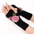 thumbnail image 4 of Opolski 1 Pair Knitted Gloves Fingerless Flower Embroidery Thumb Hole Elegant Stretchy Cold Resistant Soft Autumn Winter Women Writing Gloves for Outdoor White+Blue, 4 of 8
