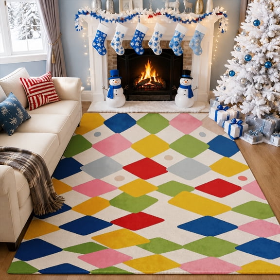 Gelasgo Colorful Geometric Velvet Area Rug, Diamond Pattern Decorative Carpet, Soft Indoor Floor Mat for Bedroom Living Room Nursery Dorm Office Home Decor