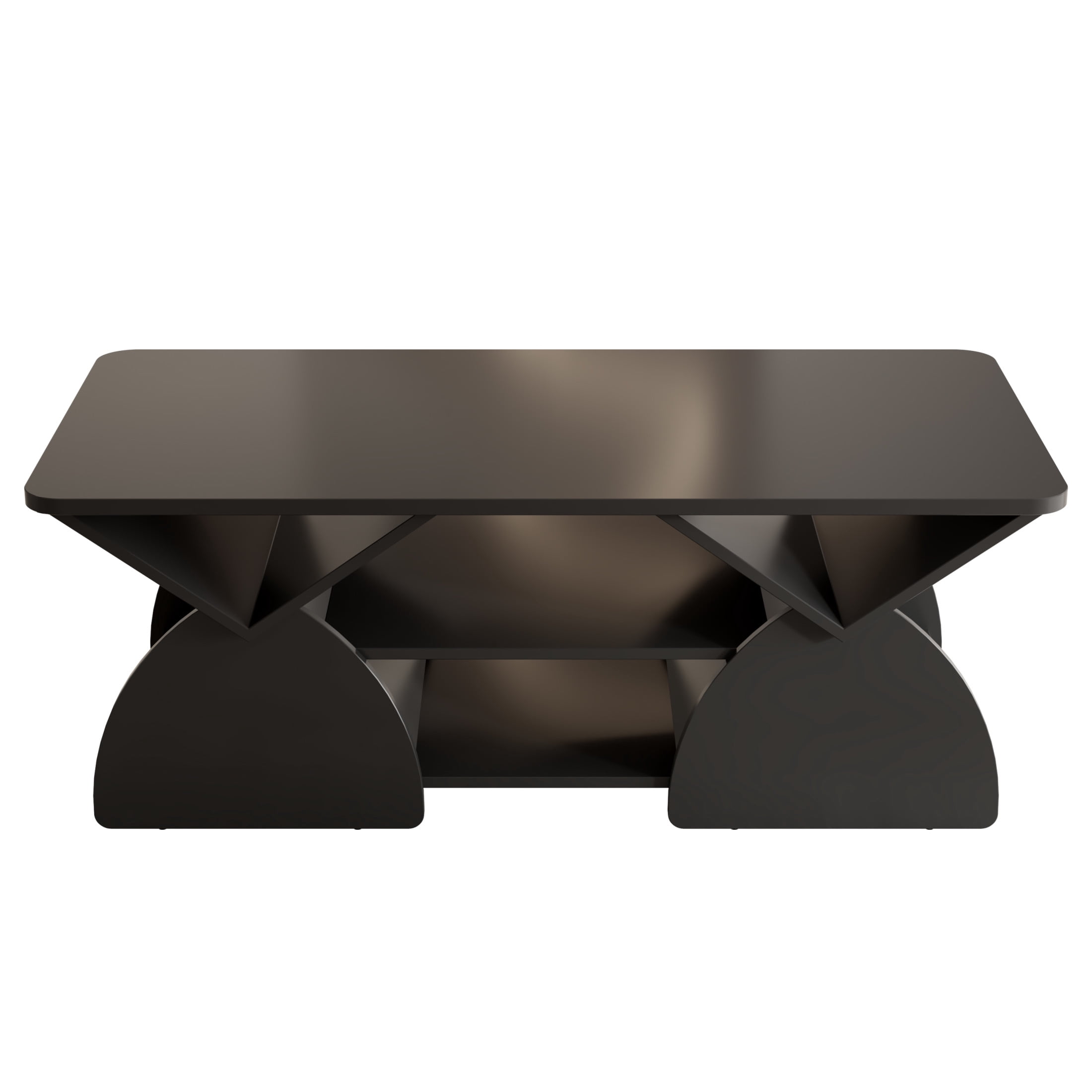 Noble House Arwick 47.24" Rectangular Coffee Table, Wooden Rounded Corners Tea Table, Geometric Open Shelves, Black