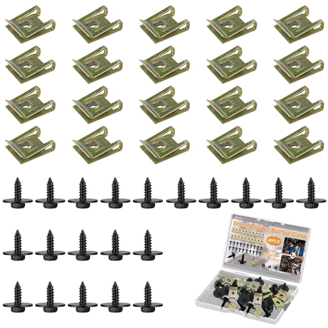 Juego de 20 tornillos y tuercas de clip para chapa de acero inoxidable, tornillos negros, clips de sujeción, juego de tuercas de clip para guardabarros de resorte, tuercas para chapa de