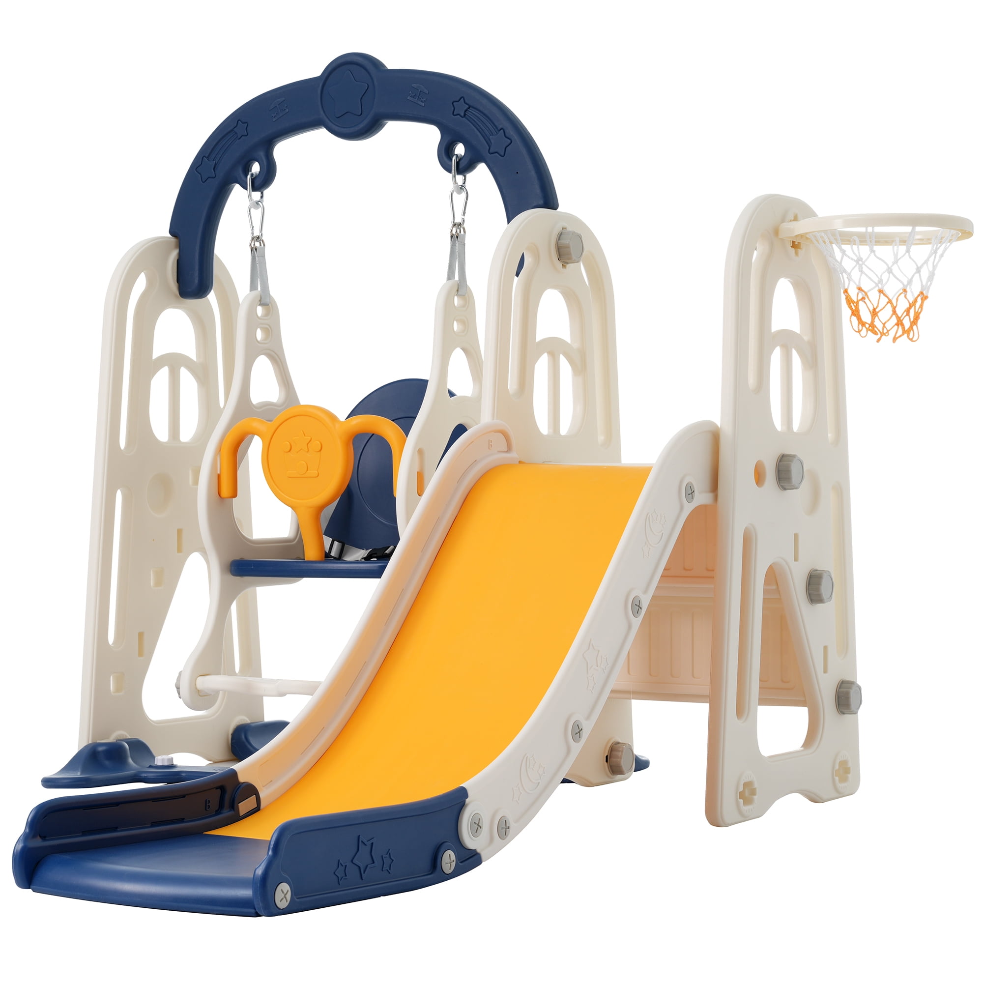 Toddler Slide and Swing Set 3 in 1,Kids Playground Climber Slide Playset with Basketball Hoop,Alphabet Themed Slide, Freestanding Combination for Babies