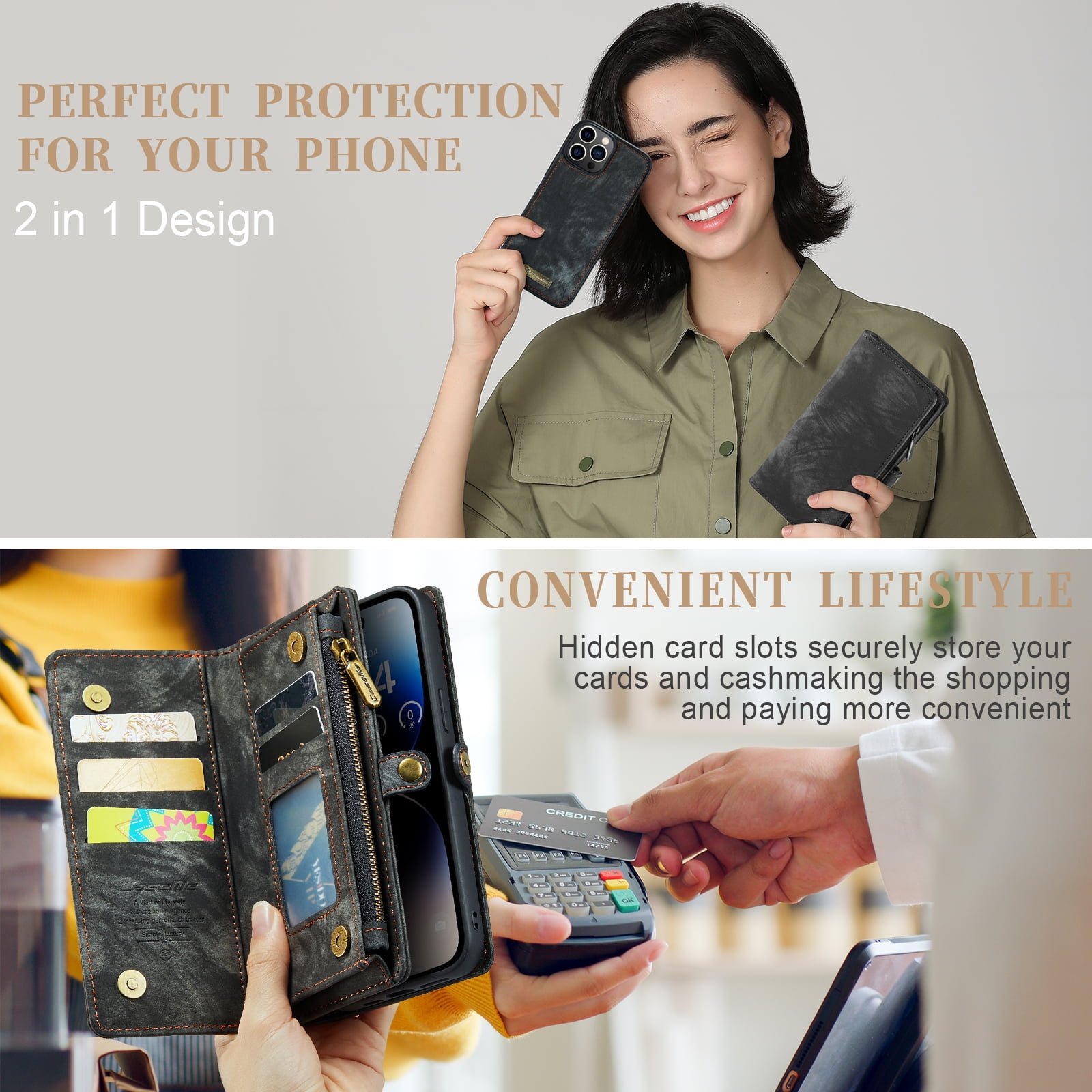 TECH CIRCLE 2-in-1 Magnetic Phone Case with Wrist Strap for iPhone 17 Pro Max (2025), Detachable Flip Wallet Case with 8 Card Slots, Zipper Pocket, Stand, Protective Slim Magnetic Back Cover, Black