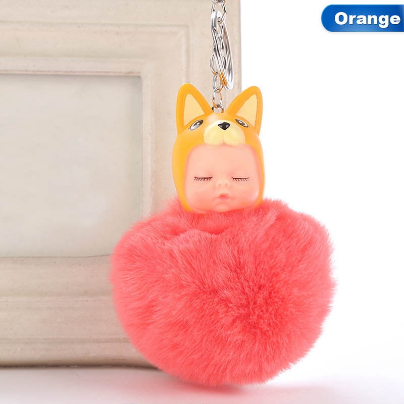 AkoaDa AkoaDa Cute Sleeping Baby Doll Keychains For Women Bag Toy Key Ring 8cm Fluffy Faux Fur