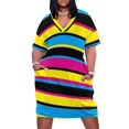 thumbnail image 1 of Vestido holgado con bolsillos, estampado de rayas de colores de proceso (CMYK), cian, magenta, amarillo y negro, para fiesta de graduación, verano 2025., 1 of 6