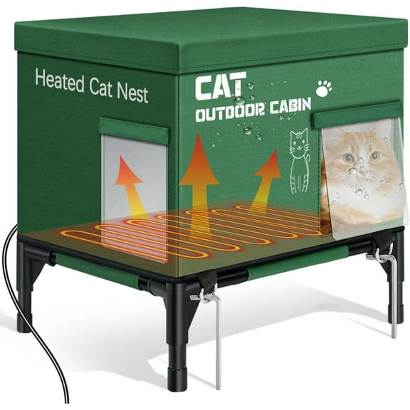 BRONKIGE Heated Cat House for Winter, Outdoor Temperature Adjsutable Insulated Cat Shelter with Dual Safe Escape Doors & 2 Hook for Windproof, 100% Waterproof Heated Outdoor Cat Bed in Winter