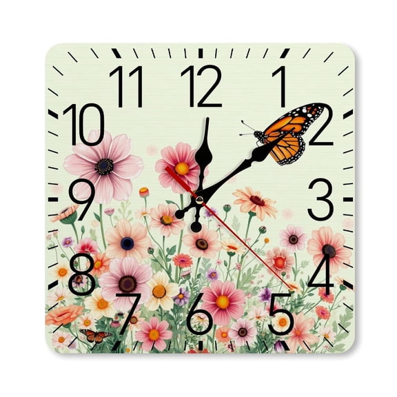 RKSupls 10×10inch Square Silent Wall Clock Wooden Frame, Butterfly Daisy Garden Scale Decorative Clock for Home Bedroom Living Room Office