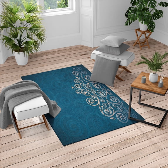 Ornamental Turkish Area Rug, Floral Swirls Ivy Image Ombre Details Grunge Backdrop Flower Illustration, Soft Carpet for Living Room Decor with Distressed Look, 4' X 5.7', Petrol Blue, by Ambesonne