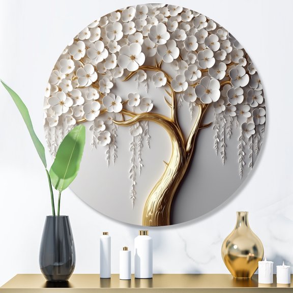 Designart "Garden of Branches White Orchid Tree II" Tree Floral Metal Round Wall Art