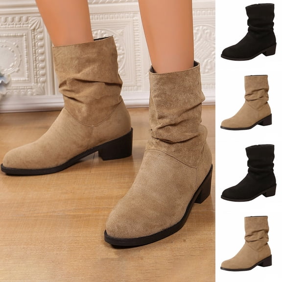 WAVSUF Mid Calf Boots for Women's Round Toe Wide Width Side Zip Winter Daily Slouch Boots Khaki Size 8.5