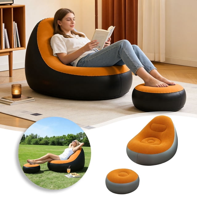WIHJ Inflatable With Flocking Comfortable Adult Inflatable Vinyl Folding Recliner/air Mattress With Footstool And Air Suitable For Indoor And Outdoor Living