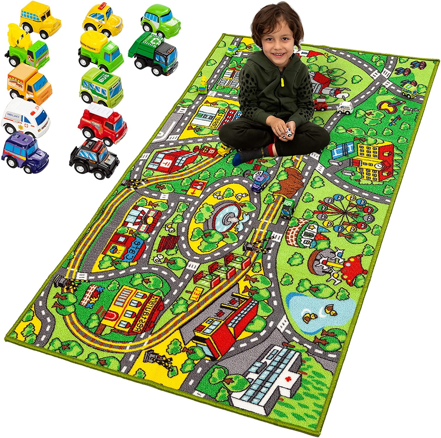Town Road Map Carpet Playmat 60" x 32" Details about   Kids Car Rug 