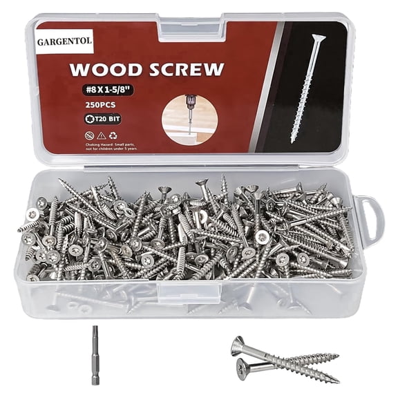 GARGENTOL #8 x 1-5/8" Exterior Wood Screws, 250 Pcs Deck Screws, Torx Head Screws, 304 Stainless Steel Corrosion-Resistant for Fencing, Decks, Outdoor Projects, Includes T20 Torx Bit