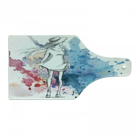 

Fantasy Cutting Board Sketchy Fashion Lady Hat Looking Watercolor Splash Brushstroke Steam Image Decorative Tempered Glass Cutting and Serving Board Wine Bottle Shape Pink and Blue by Ambesonne
