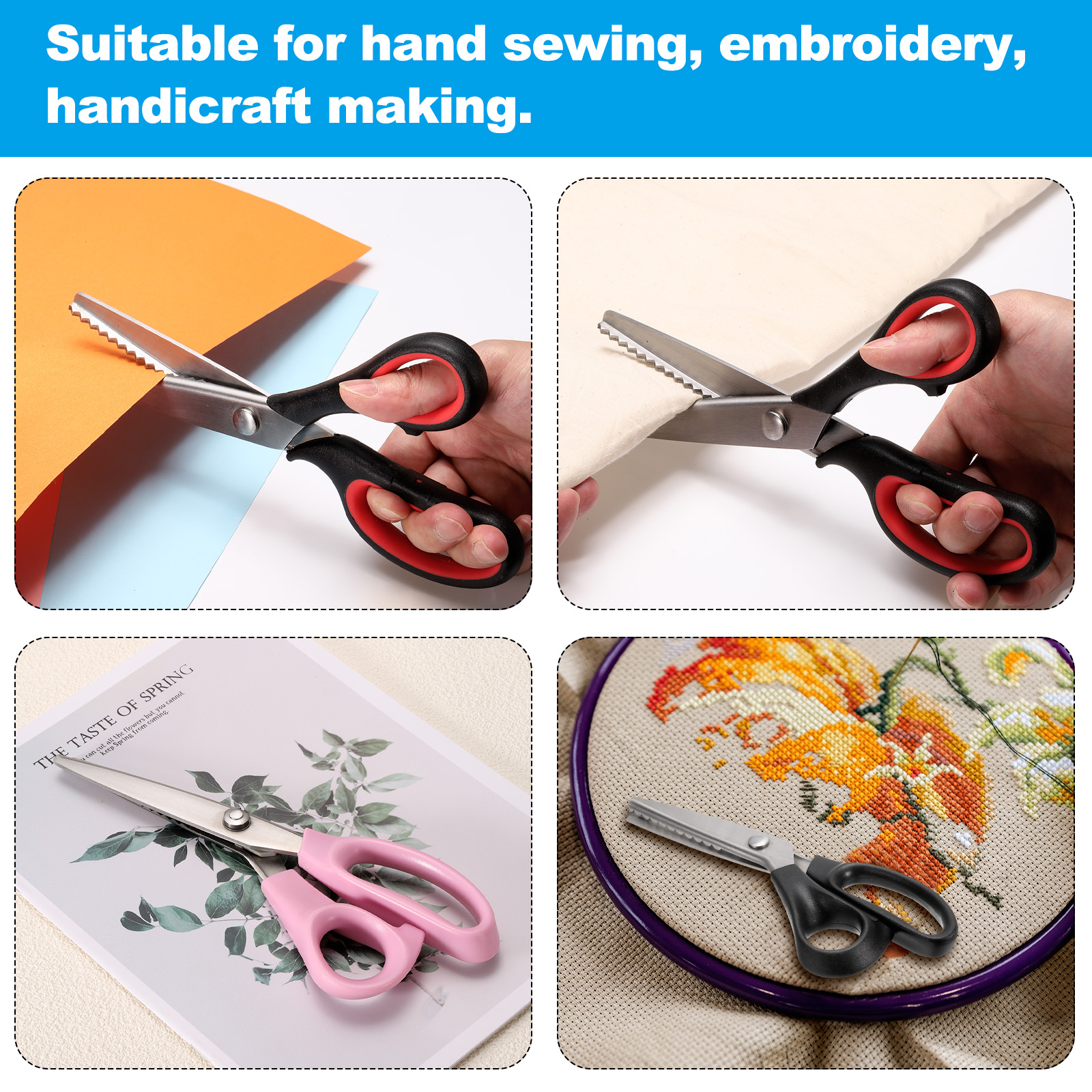 2 pcs Sewing Scissors Stainless Steel Serrated Craft Shears for Embroidery Handmade DIY Sewing Art Design Black Red