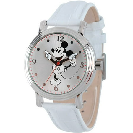 Mickey Mouse Wrist Watch - Disney Mickey Mouse Women's Shinny Silver Vintage Articulating Alloy Case Watch, White Leather Strap