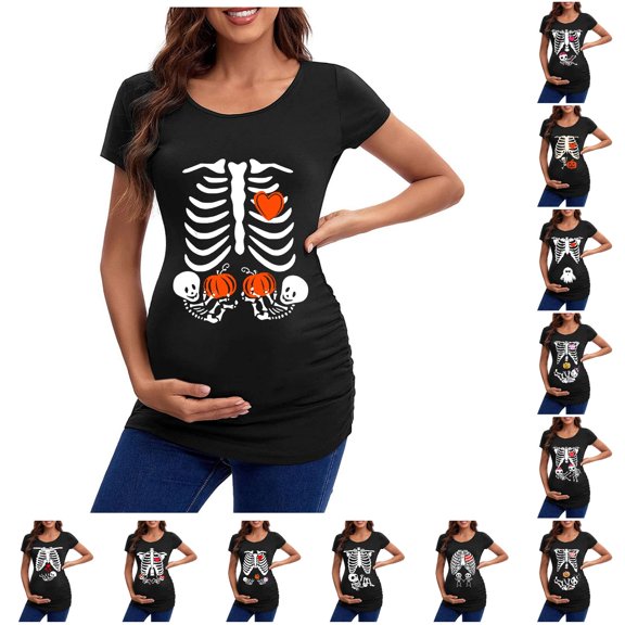 Women's T-Shirts Head Skeleton Halloween Pregnant European and Border Top for Expectant Women Orange L