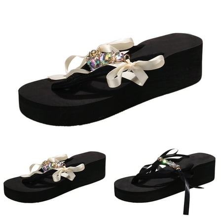 

Cathalem Fashiona Summer Women Slippers Thick Soles Wedge Heels Flip Flops Rhinestone Ribbon Bow Slipper Booties for Women Black 8.5
