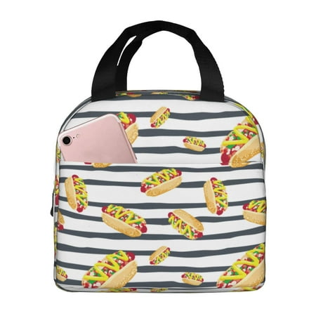 Insulated Lunch Bag for Women Men - Black White Striped Hot Dog Print Leakproof Cooler Lunch Box for Women Men  Lunch Tote Bags for Work School Picnic Travel