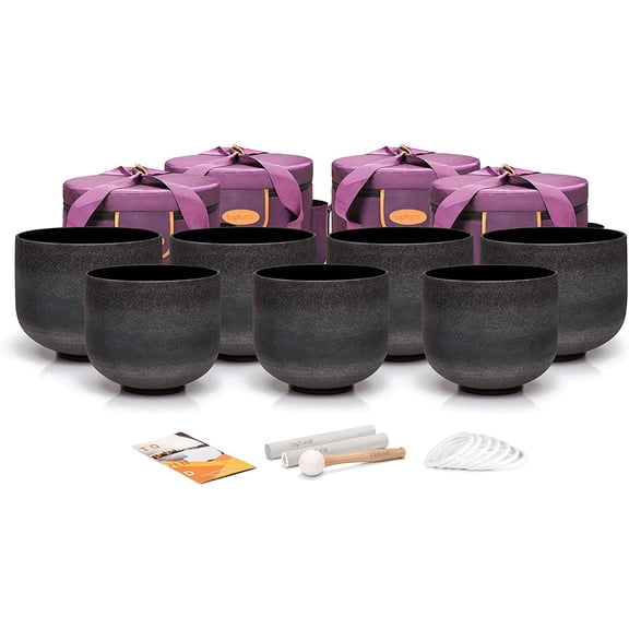 TOPFUND Chakra Set of 7 Obsidian Fusion Crystal Singing Bowls 8-10 inch with Heavy Duty Carrying Case and Suede Stick