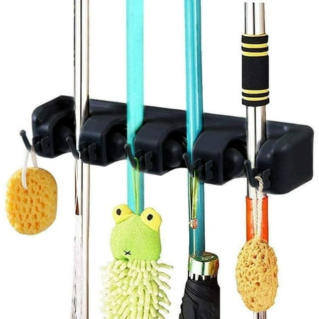 

MagoFeliz Broom Mop Holder Organizer Wall Mounted with 4 Racks 5 Hooks Black