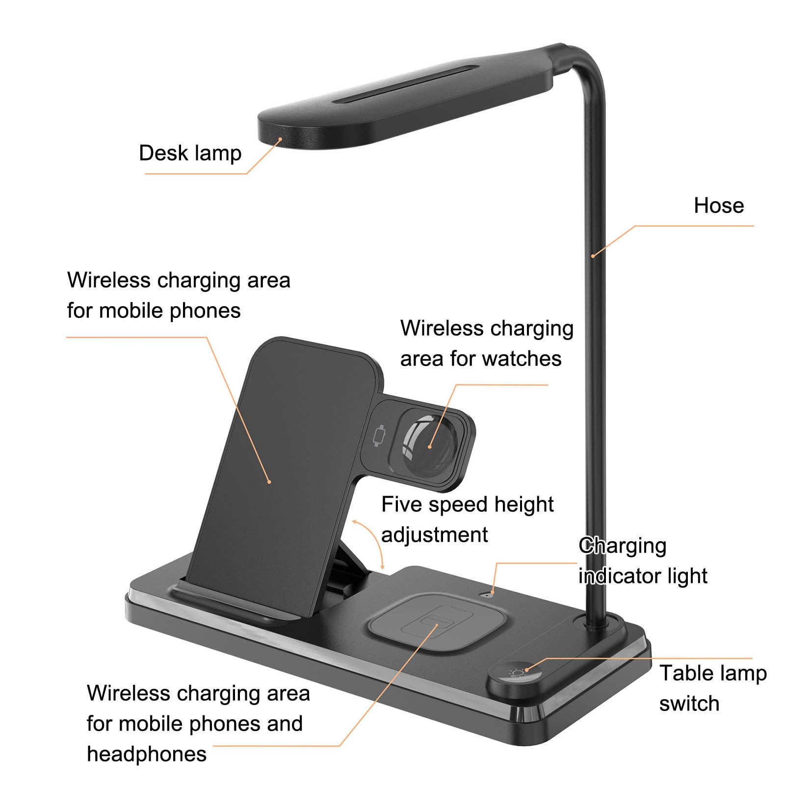 B 4 In 1 Multifunctional Wireless Charger Desk Lamp 15W Fast Charging Bedside Touch Light With Phone Holder for Home office Dorm 3 Lighting Modes
