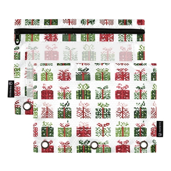 Christmas Presents Pixel Style Binder Pouches Zipper Pocket Document Storage 3 Rings 2 Packs A5 Size