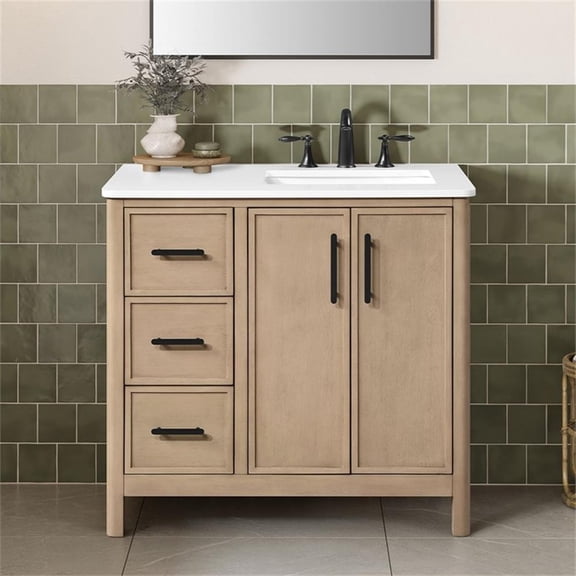 Pemberly Row 36" Bathroom Vanity in Sahara Birch with White Countertop