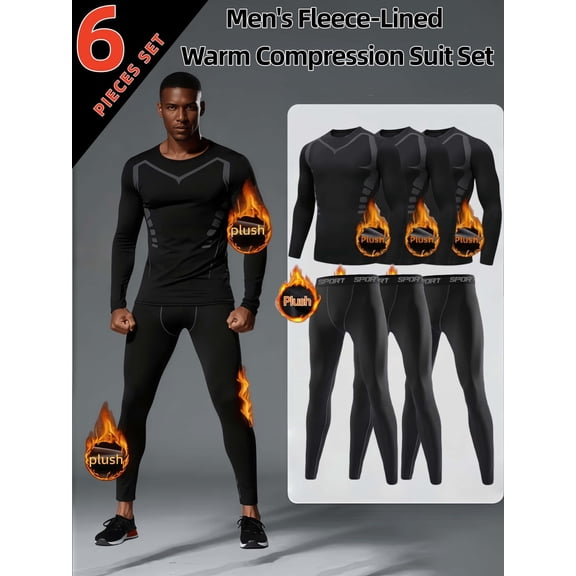 Men's 6-Pack Fleece Lined Thermal Compression Athletic Outfit Sets, Long Sleeve Tops & Pants Winter Warm Long Johns Underwear for Skiing Running Hunting Gym
