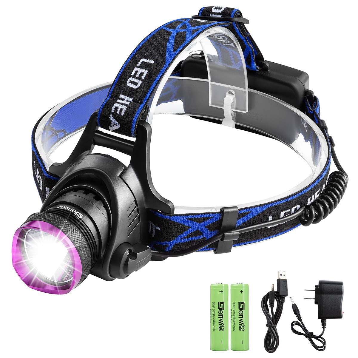 IMAGE Headlamp 4 Lighting Modes Super Bright 1800 lumens LED Waterproof Head Torch Headlight,Adjustable Head Flashlights with 2 Pack 18650 Rechargeable Battery for Camping Hiking Fishing Running 