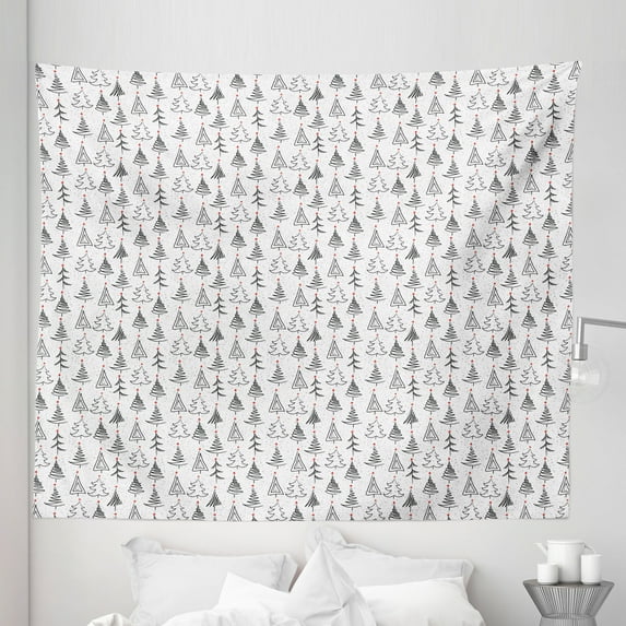 Tree Tapestry, Doodle Pattern Ornamental Sketch Style Drawing Christmas Tree Stars Illustration, Fabric Wall Hanging Decor for Bedroom Living Room Dorm, 5 Sizes, Black Grey Red, by Ambesonne