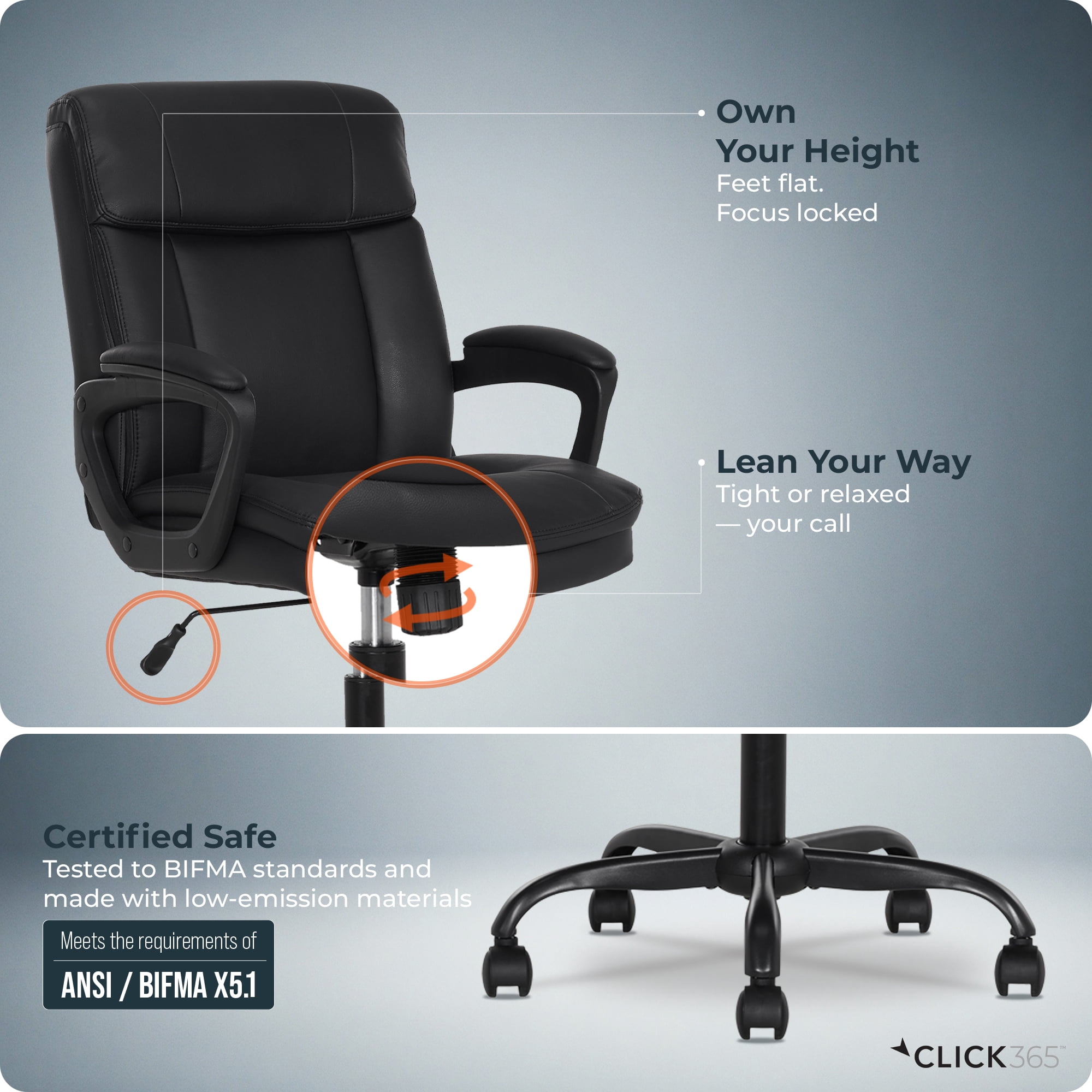 Click365 Adult Polyurathane Mid Back Indoor Commercial Ergonomic Office Chairs Hardware Kit, Black
