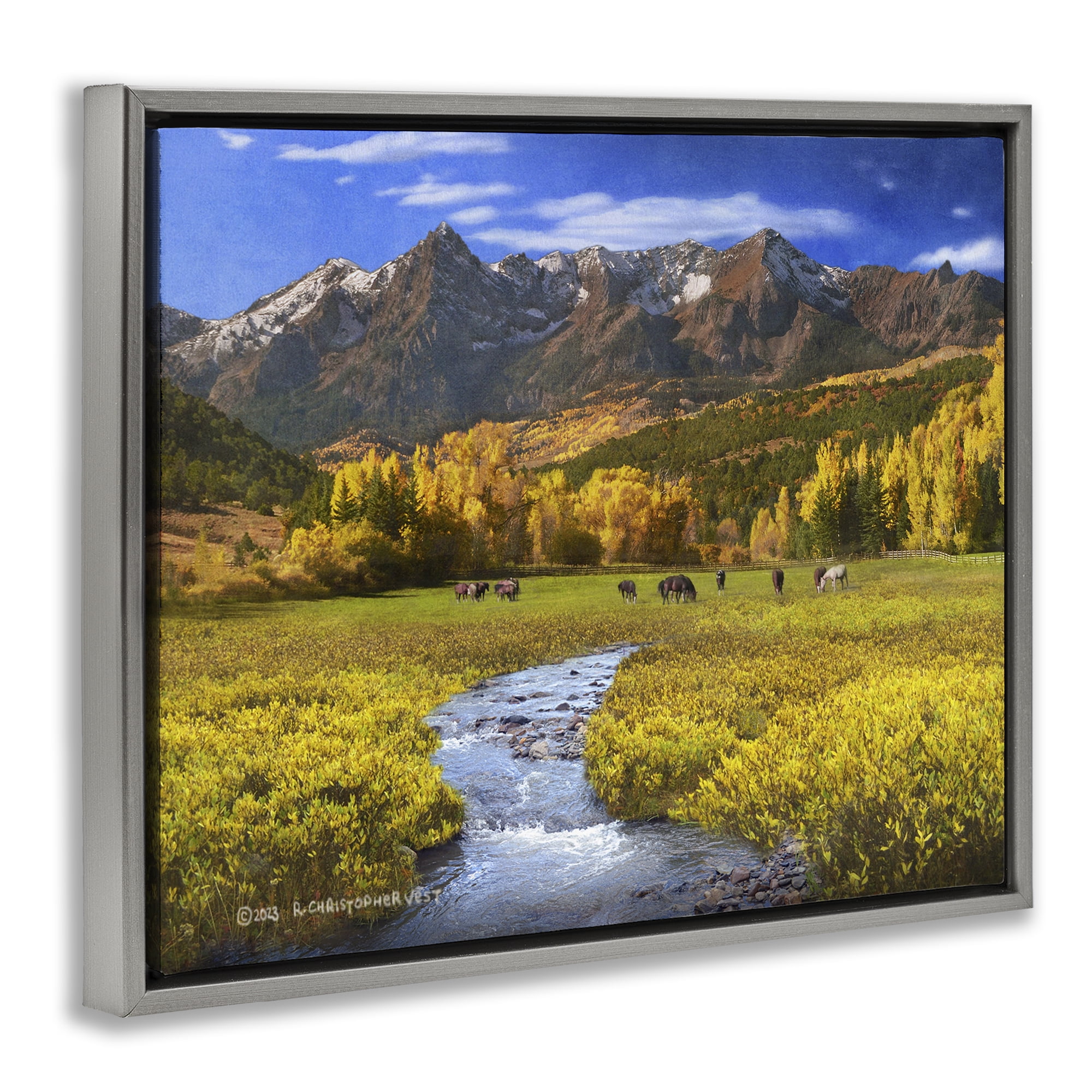 Stupell Industries Horse Ranch Autumn View Landscape & Nature Photography Gray Floater Framed Canvas Art Print Wall Art, 31 x 25