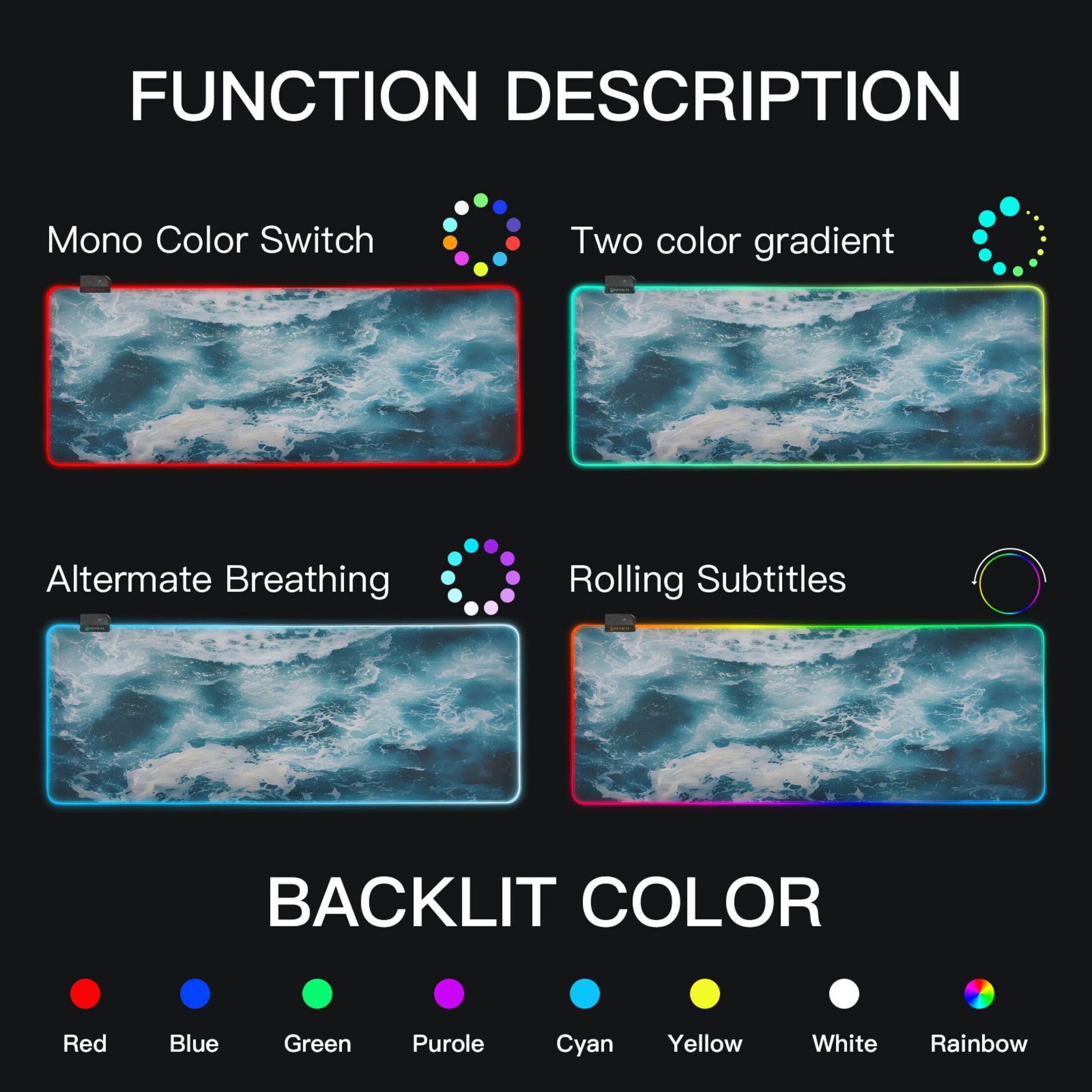 Large RGB Gaming Mouse Pad Led Glowing Mousepad Non-Slip Rubber Base 13 Light Modes 31.5x11.8 Ocean and Wave