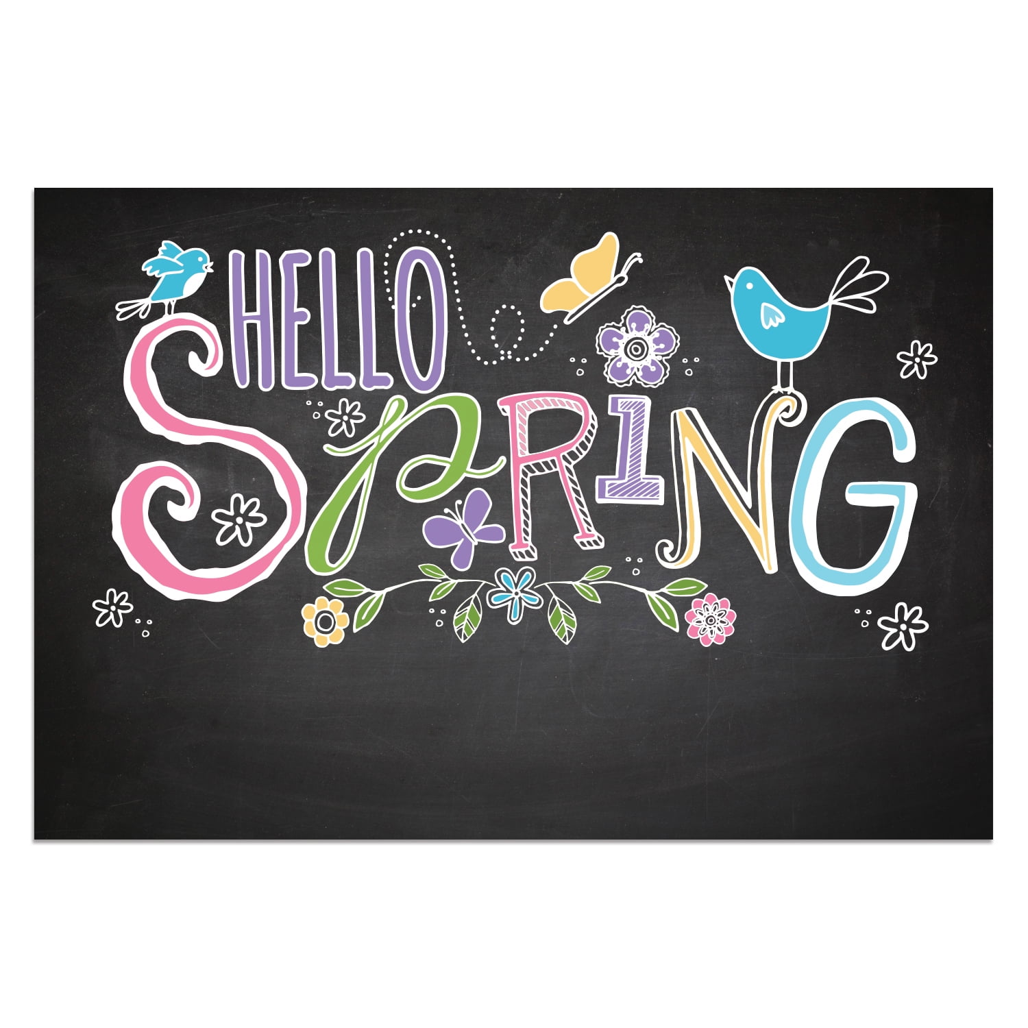 Personalized Planet 27x18 Hello Spring Doormat with Custom Family Name Printed on Black Rectangular 1/4” Thick Non Slip Mat with Bird and Flower Design for Kitchen Hallway Deck or Porch
