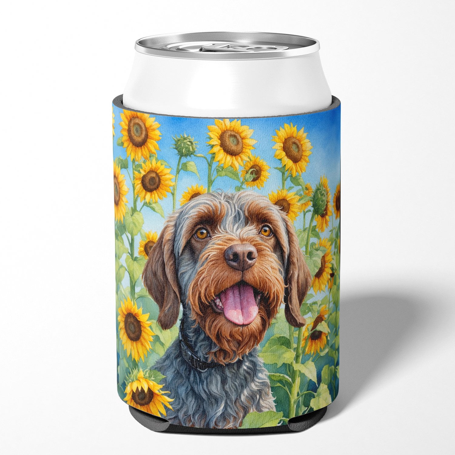 Wirehaired Pointing Griffon in Sunflowers Can or Bottle Hugger 3 in x 5 in