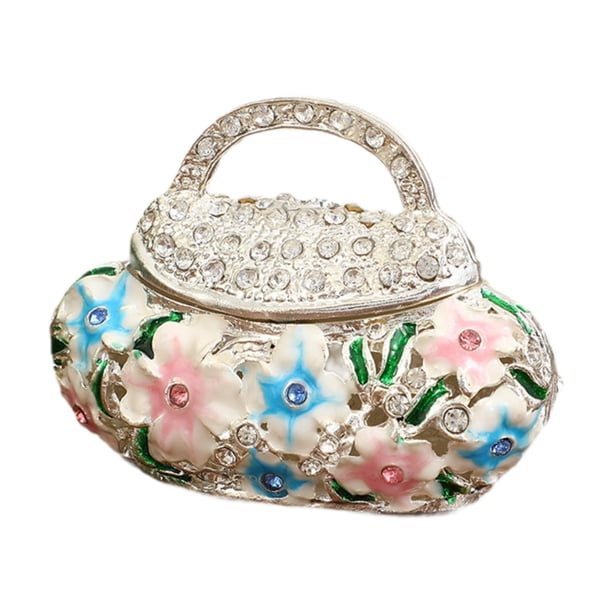 Caja de baratijas con bisagras de esmalte, organizador de joyas, adorno de diseño retro, forma de bolso Rosa