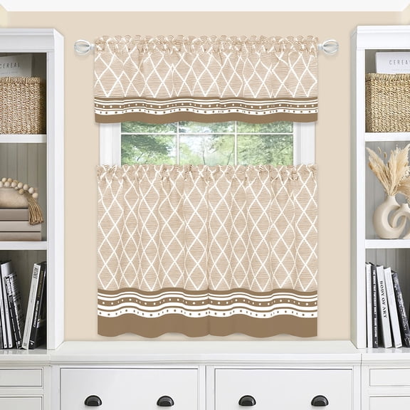 Woven Trends 3-Piece Bohemian Window Kitchen Curtain Set, 58"W x 24"L Hand-Painted Diamonds with Stripes, Artisanal Tier Pair and Valance Set, Top Rod Pocket with Modern Geometric Designed, Beige