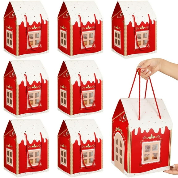 12 Pack Large Enchanted Christmas Wonderland Cottage Gift Boxes, 30x20x18 cm House Shaped Christmas Boxes with Handle.