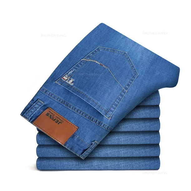 Pantalones vaqueros rectos finos de verano para hombre, pantalones vaqueros holgados informales elásticos en negro y azul, pantalones de marca para hombre