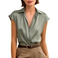 thumbnail image 3 of Endives Women's Satin Shirt Elegant Short Sleeve Shirts V Neck Work Shirt Business Casual Outfits Womens Blouses Dressy Summer Tops S-5XL Light Green M, 3 of 7