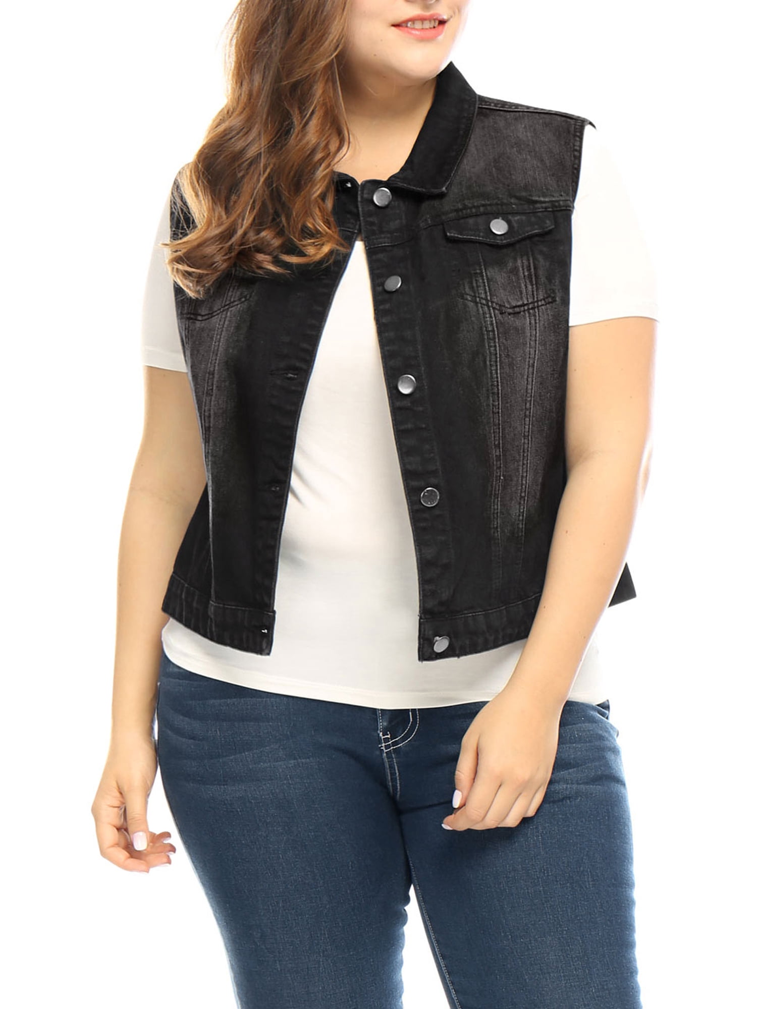 Unique Bargains Women's Plus Size Chest Pockets Single Breasted Denim